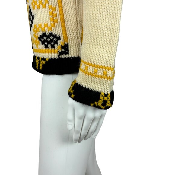 Vintage 60s Sweater Women's Medium Nordic Yellow Pattern Mod Pullover - Picture 6 of 10